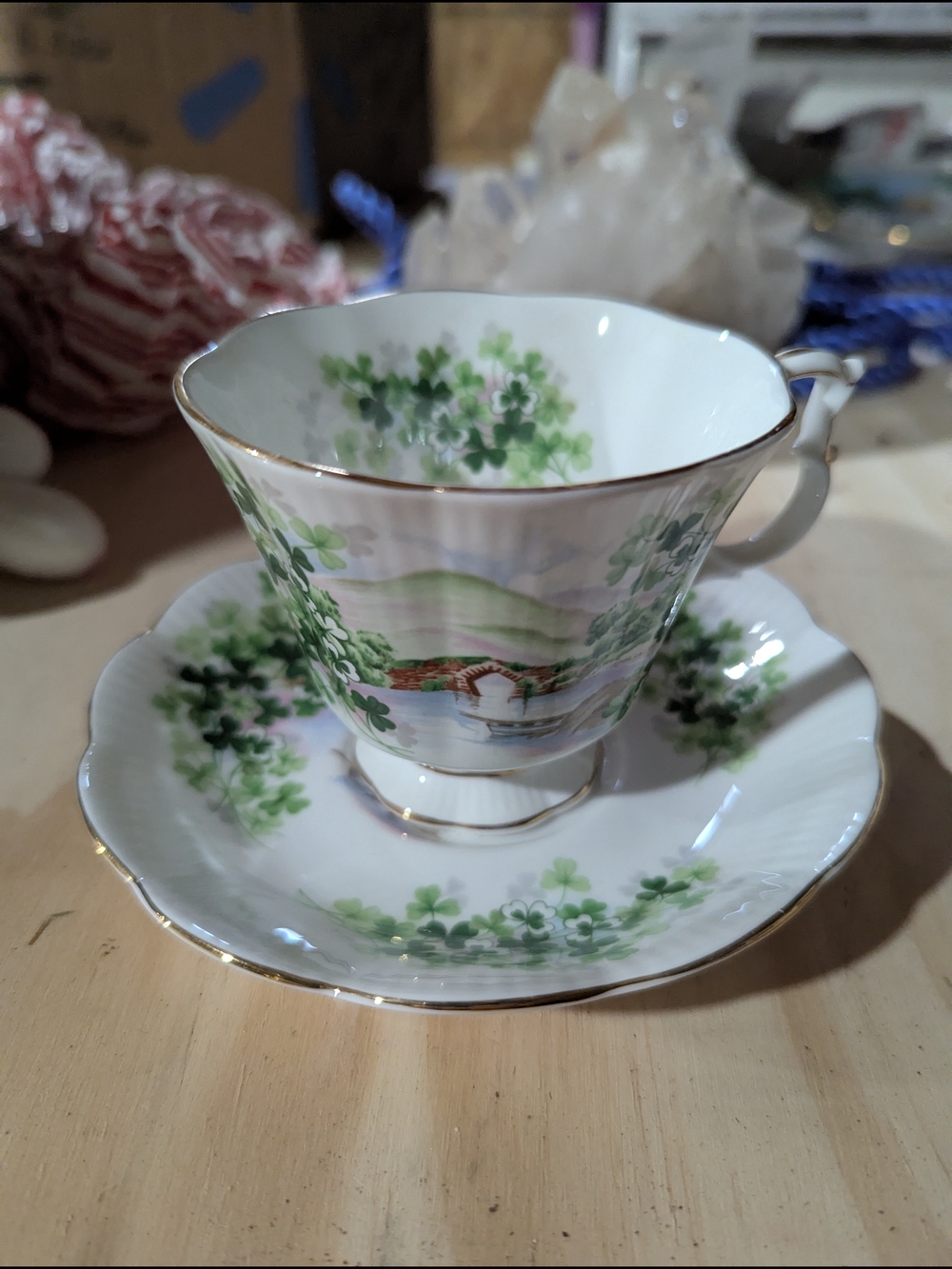 Royal Albert White Teacup & Saucer with Green Shamrock Accent